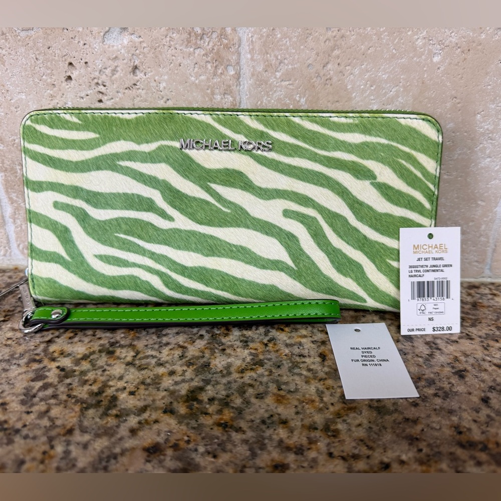 Michael Kors Green & White Zebra Print Wristlet Wallet